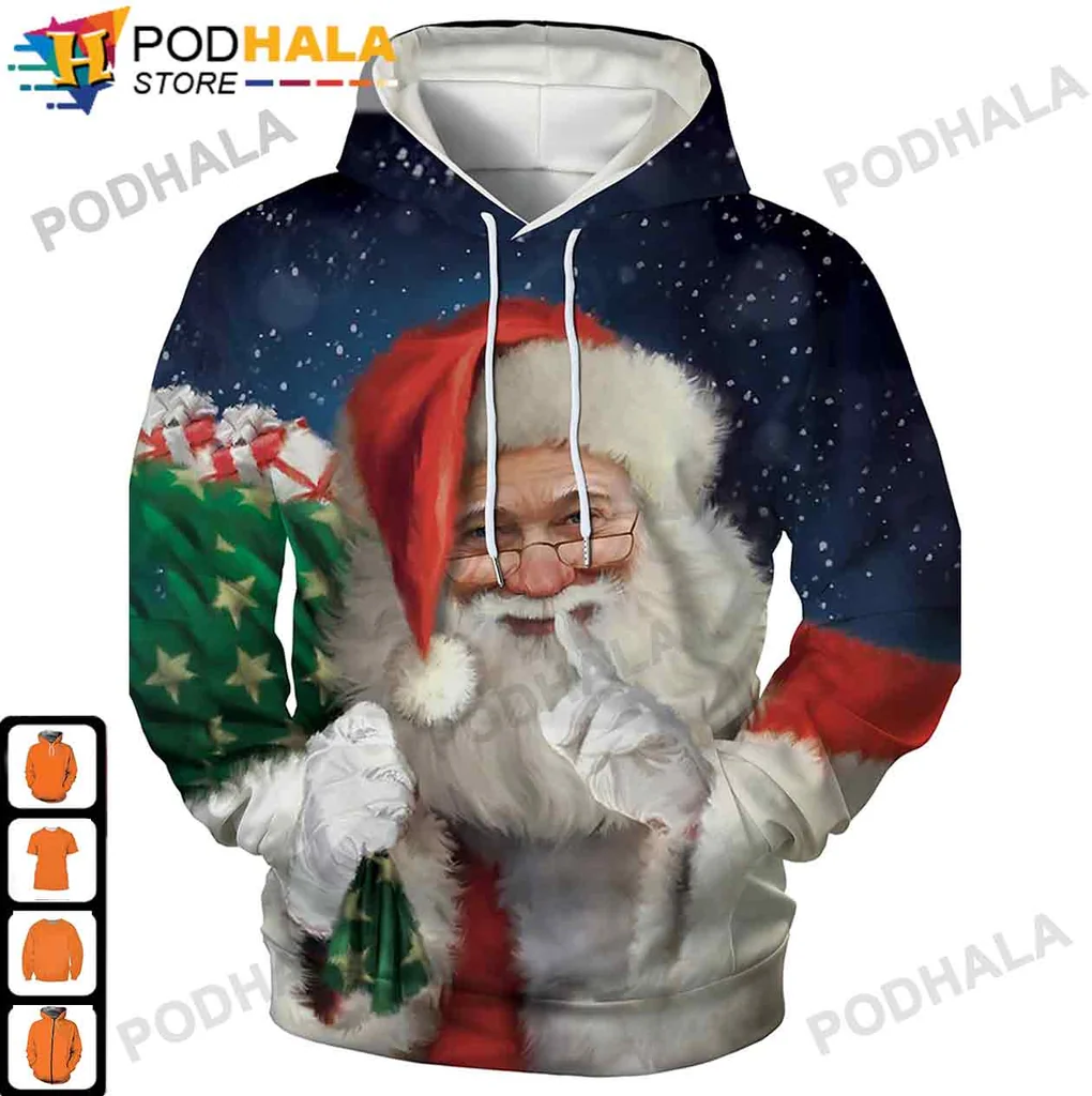 Funny Santa Claus 3d Hoodie With Colorful Presents And Snowflakes