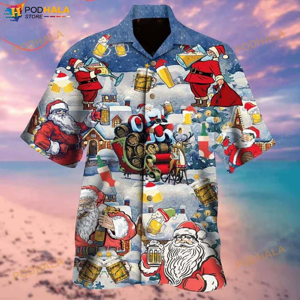 Funny Santa Claus Hawaiian Shirt, Festive Beer And Sleigh Design