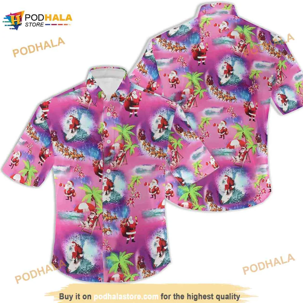 Funny Santa Claus Hawaiian Shirt With Surfing And Tropical Scenes