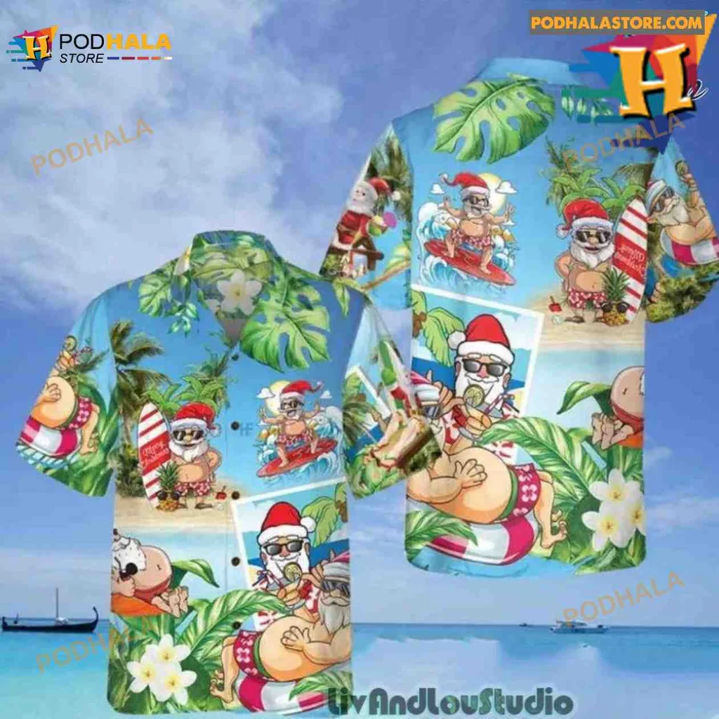 Funny Santa Claus Hawaiian Shirt With Tropical Beach Design