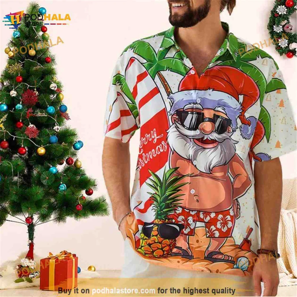 Funny Santa Claus Hawaiian Shirt With Tropical Pineapple Design
