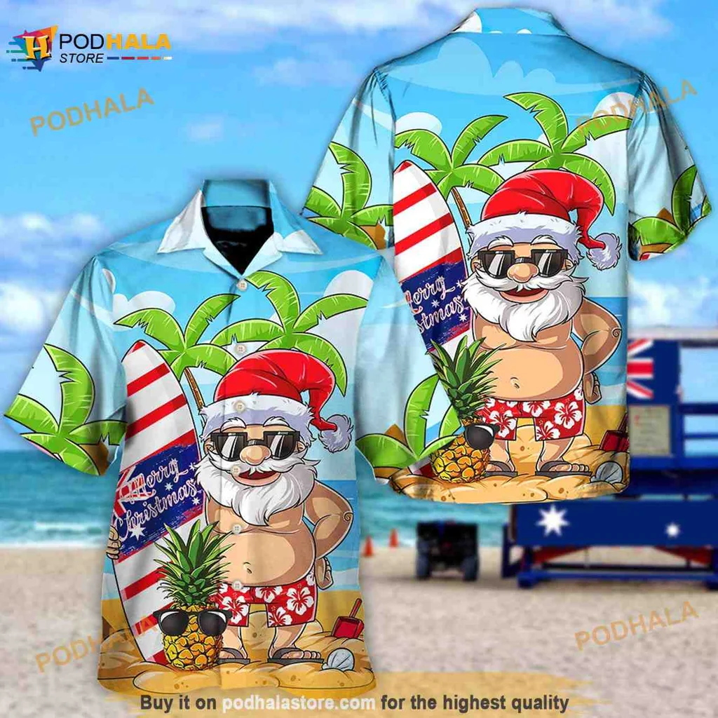 Funny Santa Claus Tropical Hawaiian Shirt With Surfboard And Pineapple