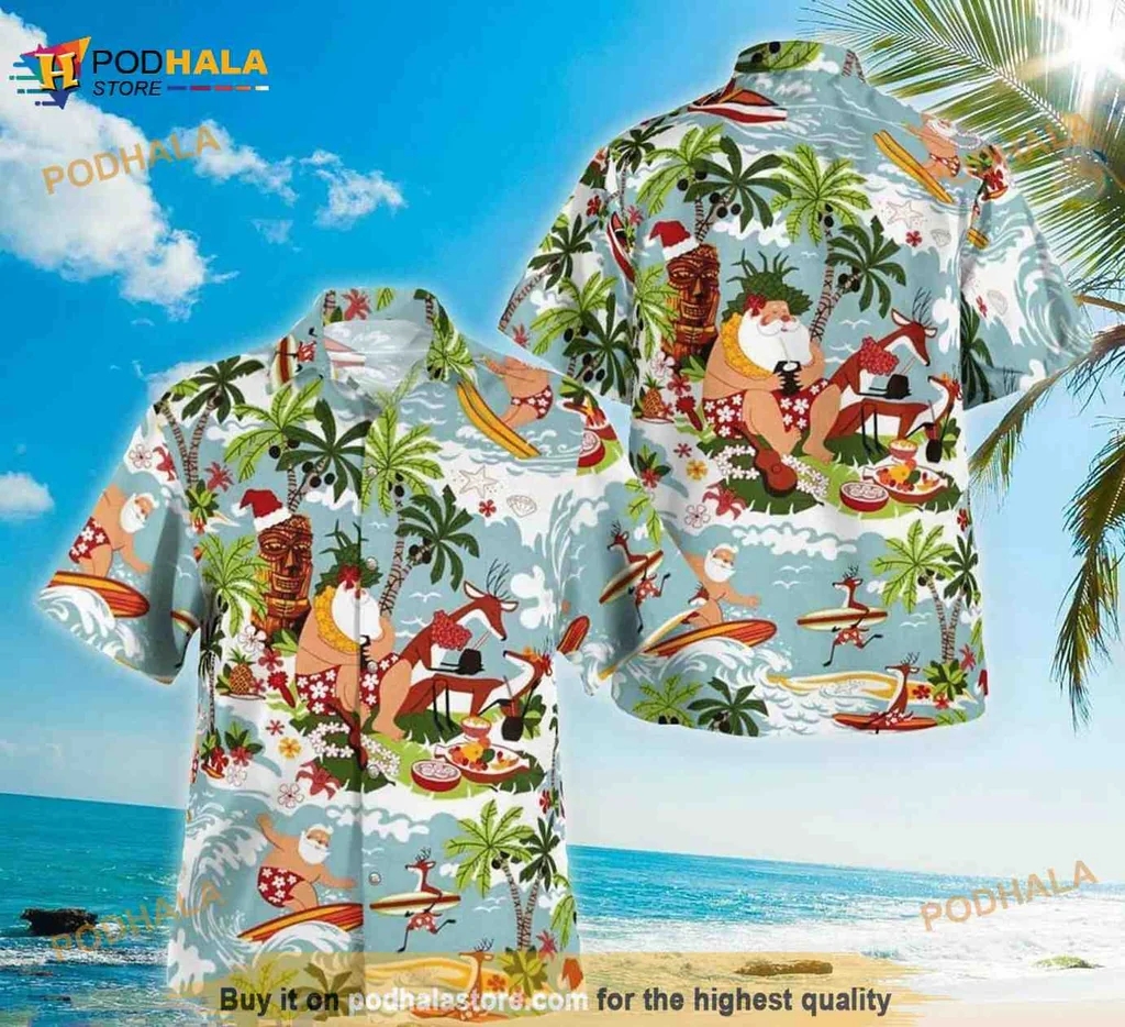 Funny Santa Surfing Hawaiian Shirt, Tropical Summer Vibes
