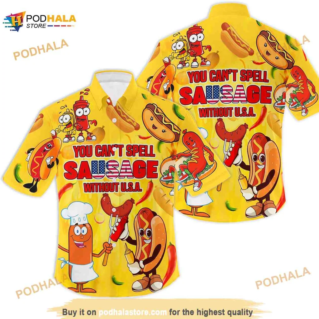 Funny Sausage Usa Hawaiian Shirt With Cartoon Hot Dog And Chef Hat