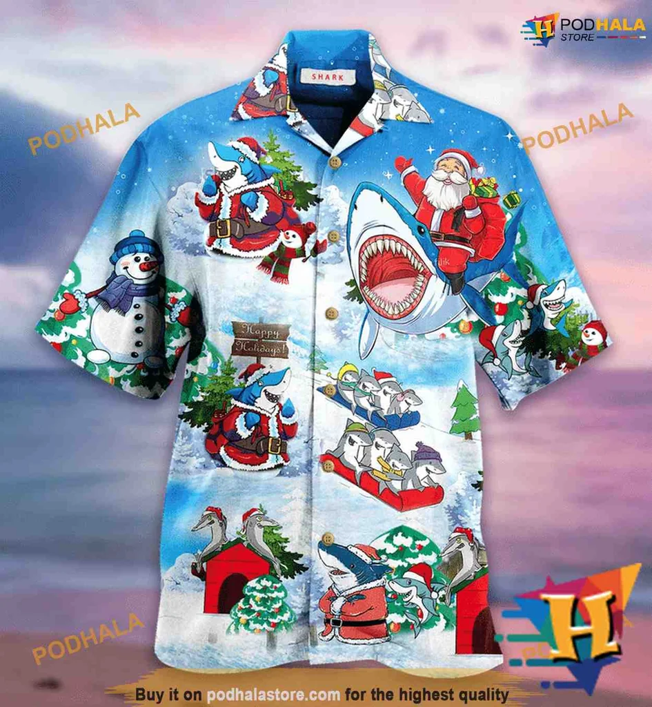 Funny Shark Christmas Hawaiian Shirt With Santa And Sleigh Design