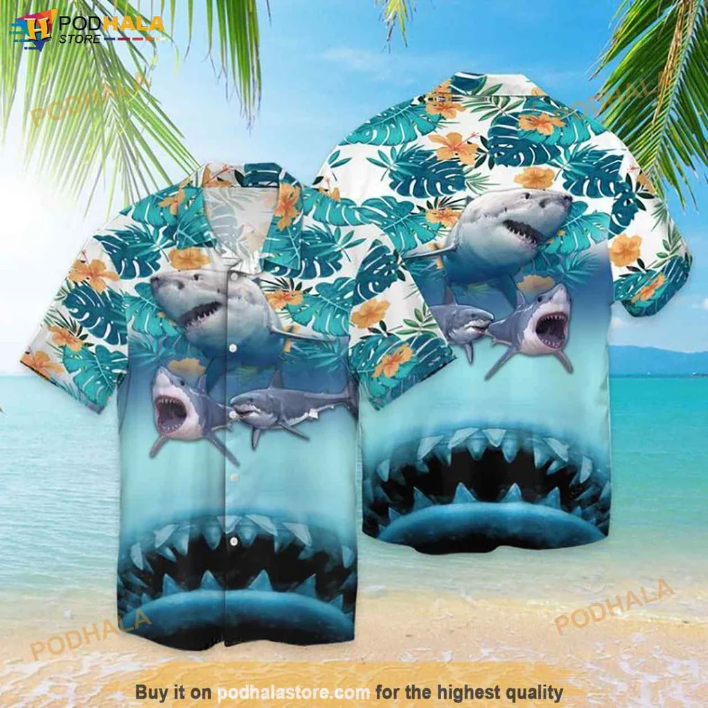 Funny Shark Hawaiian Shirt, Tropical Graphic Design With Vibrant Colors