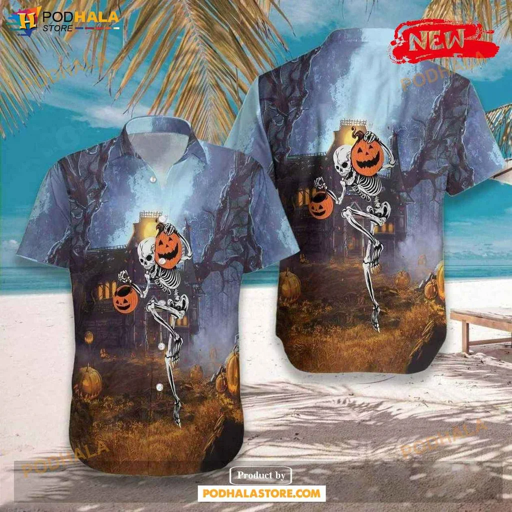 Funny Skeleton Aloha Shirt, Halloween Dancing Skeleton Shirt With Pumpkin Design