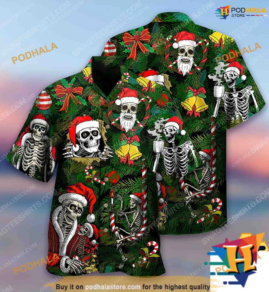 Funny Skeleton Christmas Aloha Shirt With Santa Hats And Candy Canes
