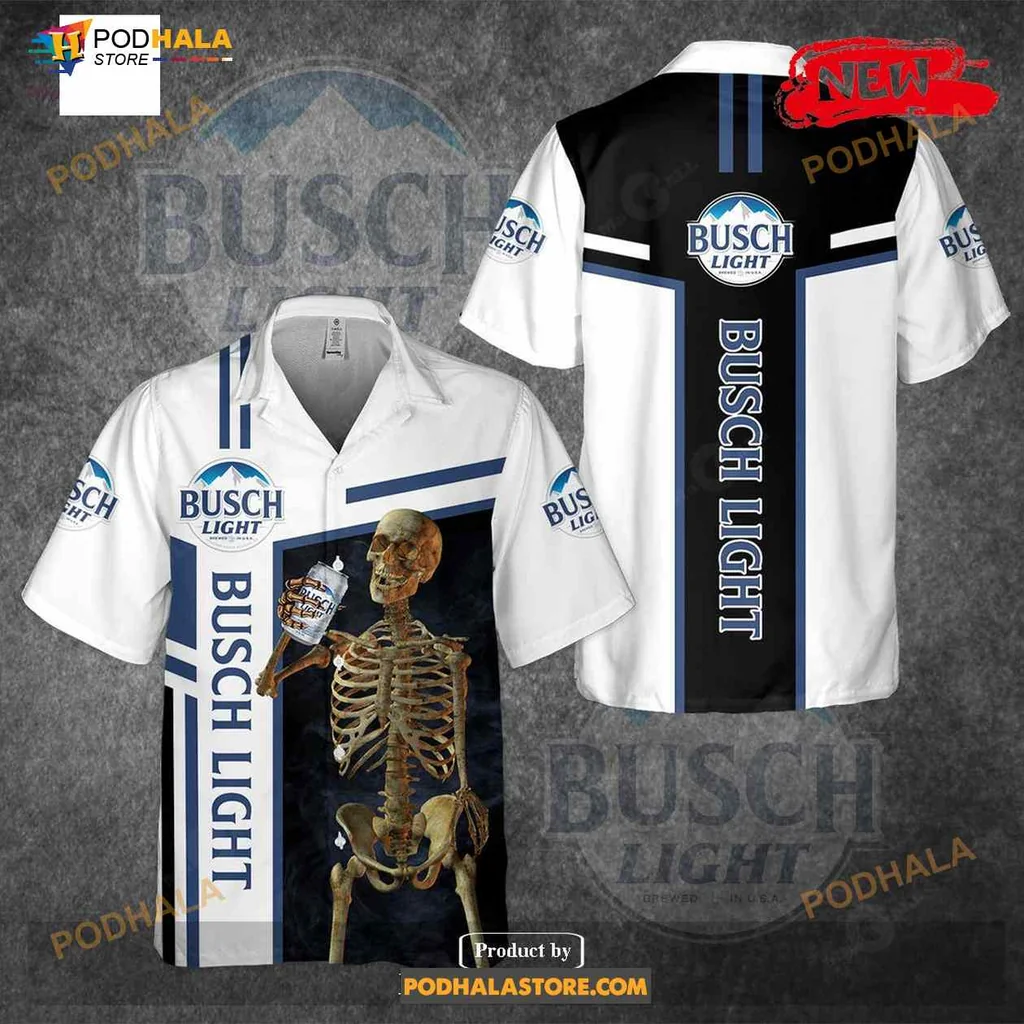 Funny Skeleton Hawaiian Shirt With Busch Light Logo, Humorous Design