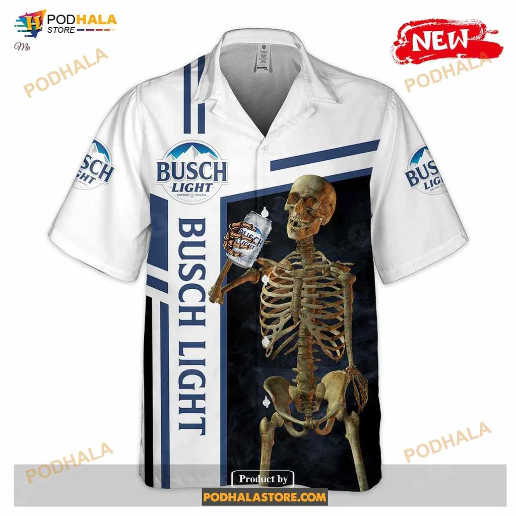 Funny Skeleton Tropical Shirt With Busch Light Logo, Humorous Design Funny Skeleton Tropical Shirt With Busch Light Logo, Humorous Design