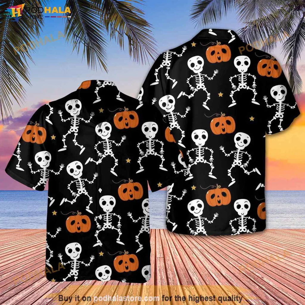 Funny Skeleton Pumpkin Hawaiian Shirt, Playful Black Tropical Design For Halloween