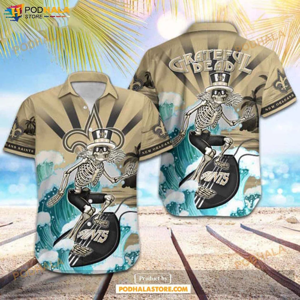 Funny Skeleton Surf Hawaiian Shirt, New Orleans Saints Skateboarding Design