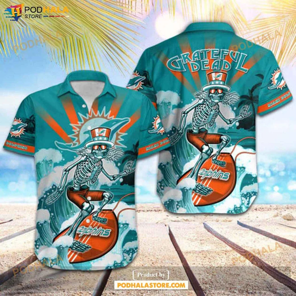 Funny Skeleton Surfer Hawaiian Shirt Miami Dolphins Skateboarding Design Vibrant Colors