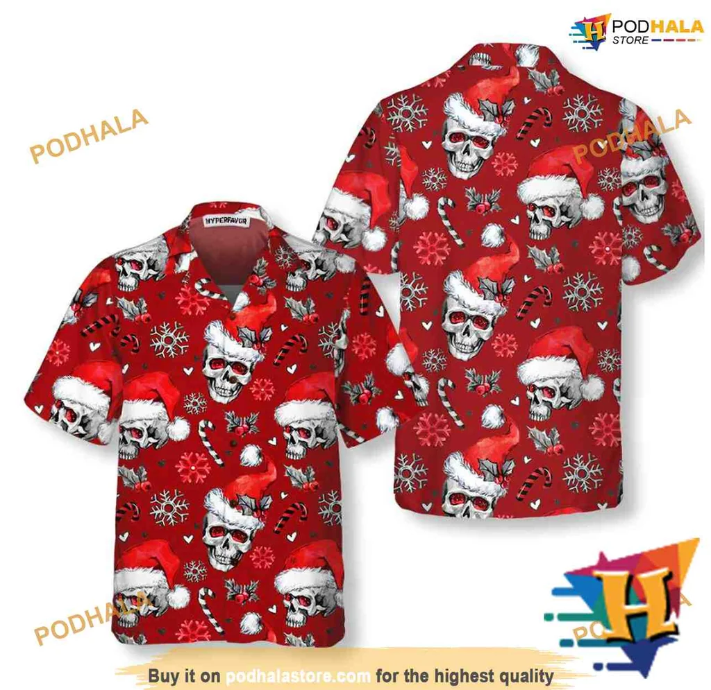 Funny Skull Christmas Aloha Shirt With Santa Hats And Candy Canes