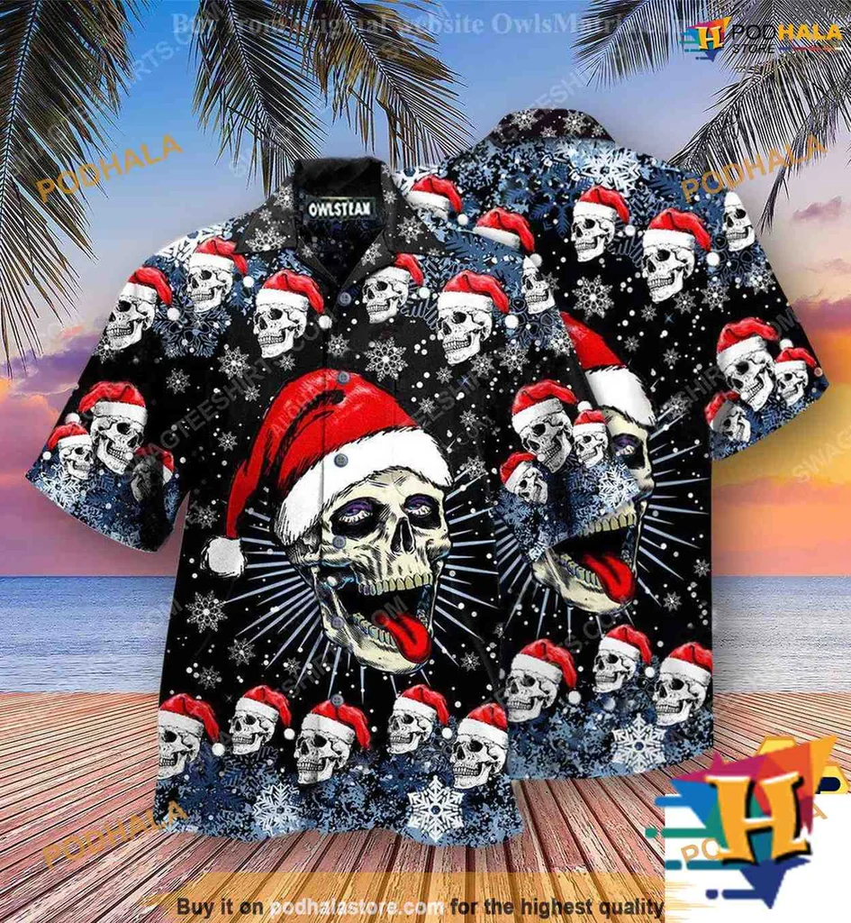 Funny Skull Christmas Hawaiian Shirt With Santa Hats And Snowflakes