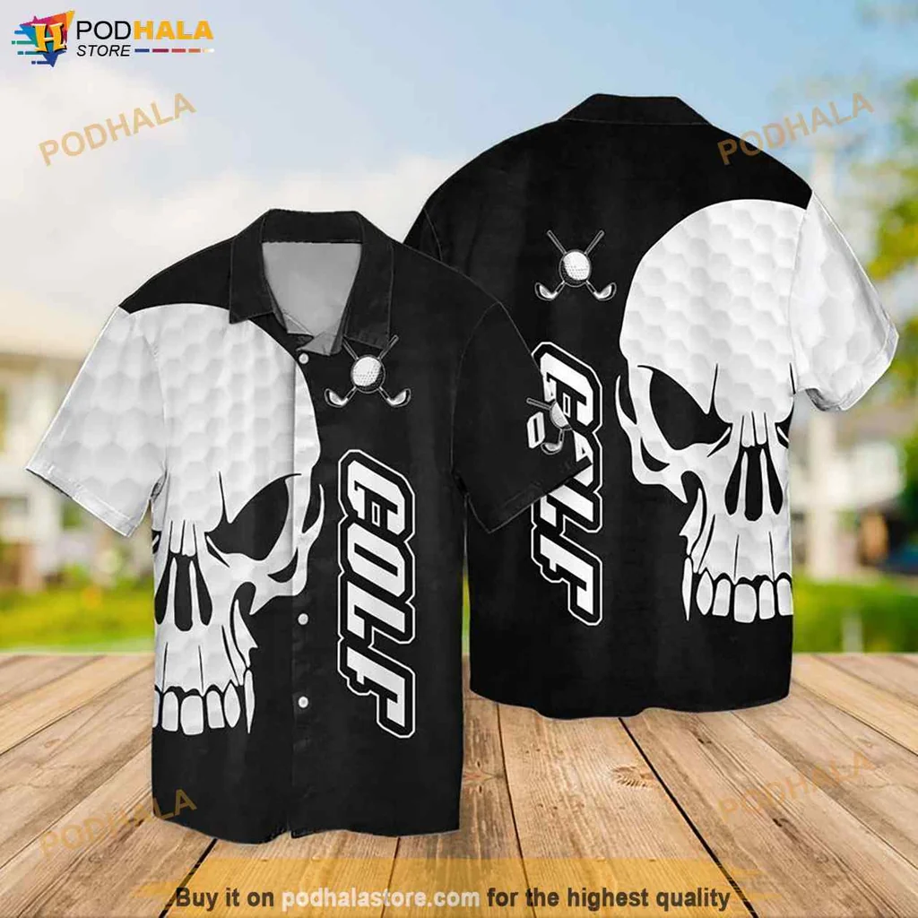 Funny Skull Golf Hawaiian Shirt, Edgy Golf Themed Button Up Shirt