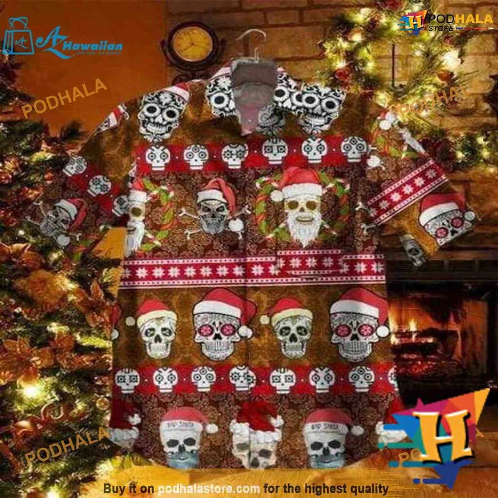 Funny Skull Santa Aloha Shirt With Festive Holiday Design
