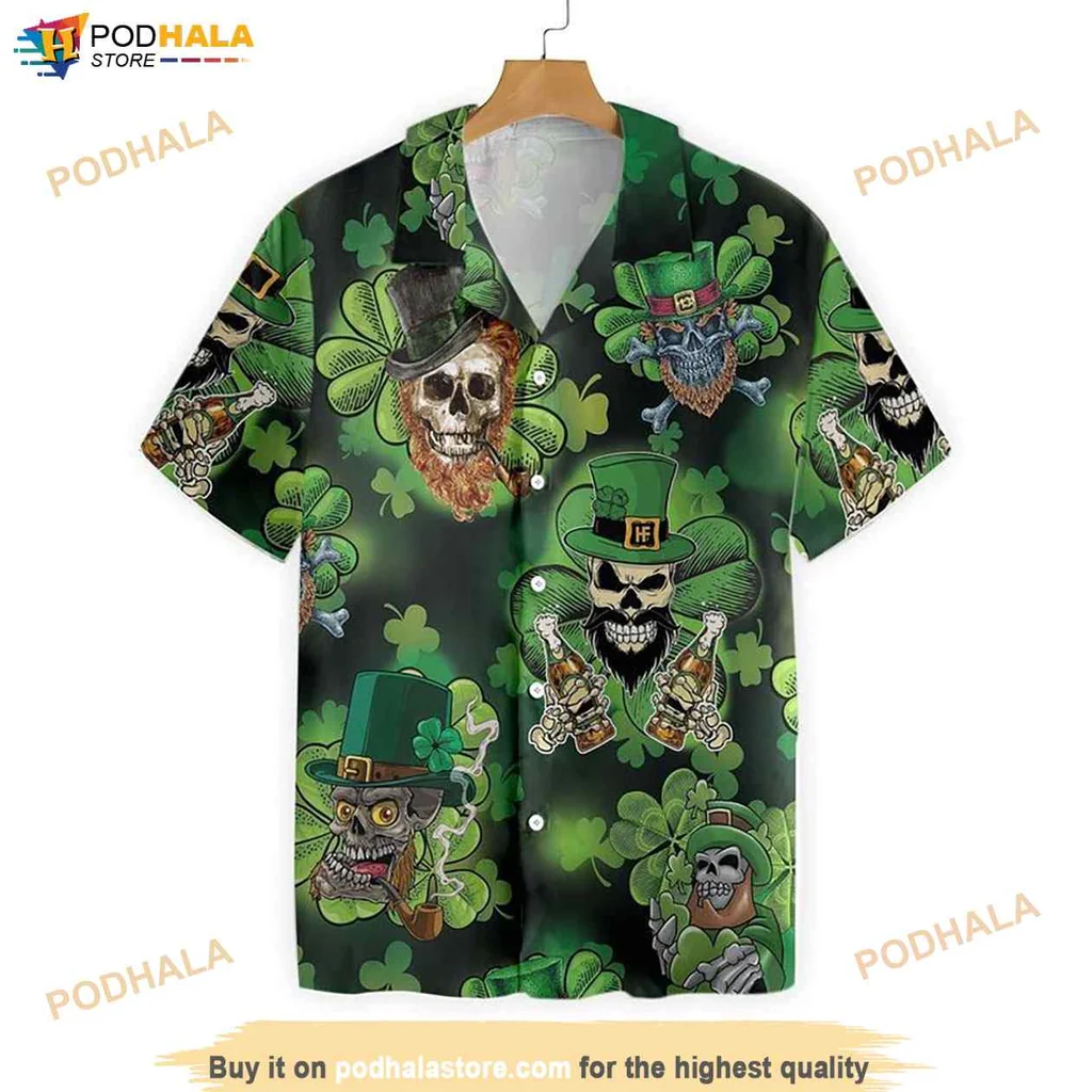 Funny Skulls St Patrick S Day Hawaiian Shirt With Shamrocks And Playful Design