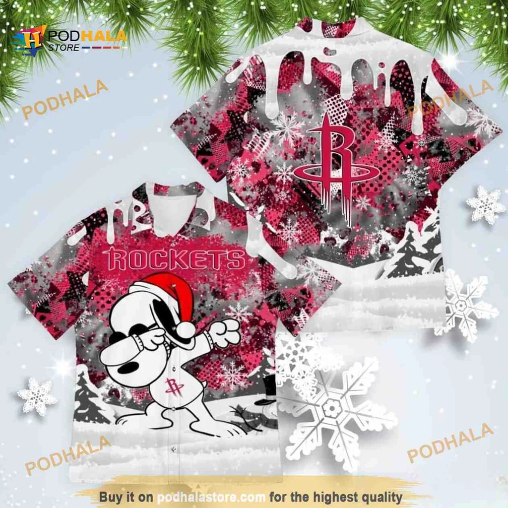 Funny Snoopy Rockets Hawaiian Shirt With Santa Hat And Snowflakes