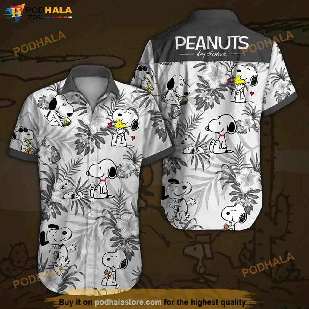 Funny Snoopy Tropical Hawaiian Shirt, Playful Peanuts Design In Gray And Yellow