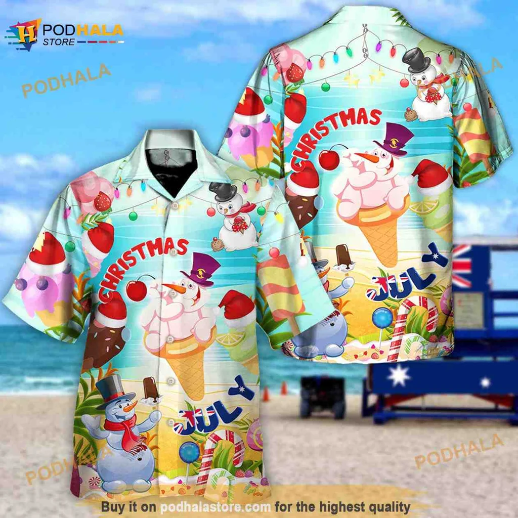 Funny Snowman Ice Cream Hawaiian Shirt With Tropical Christmas Vibes