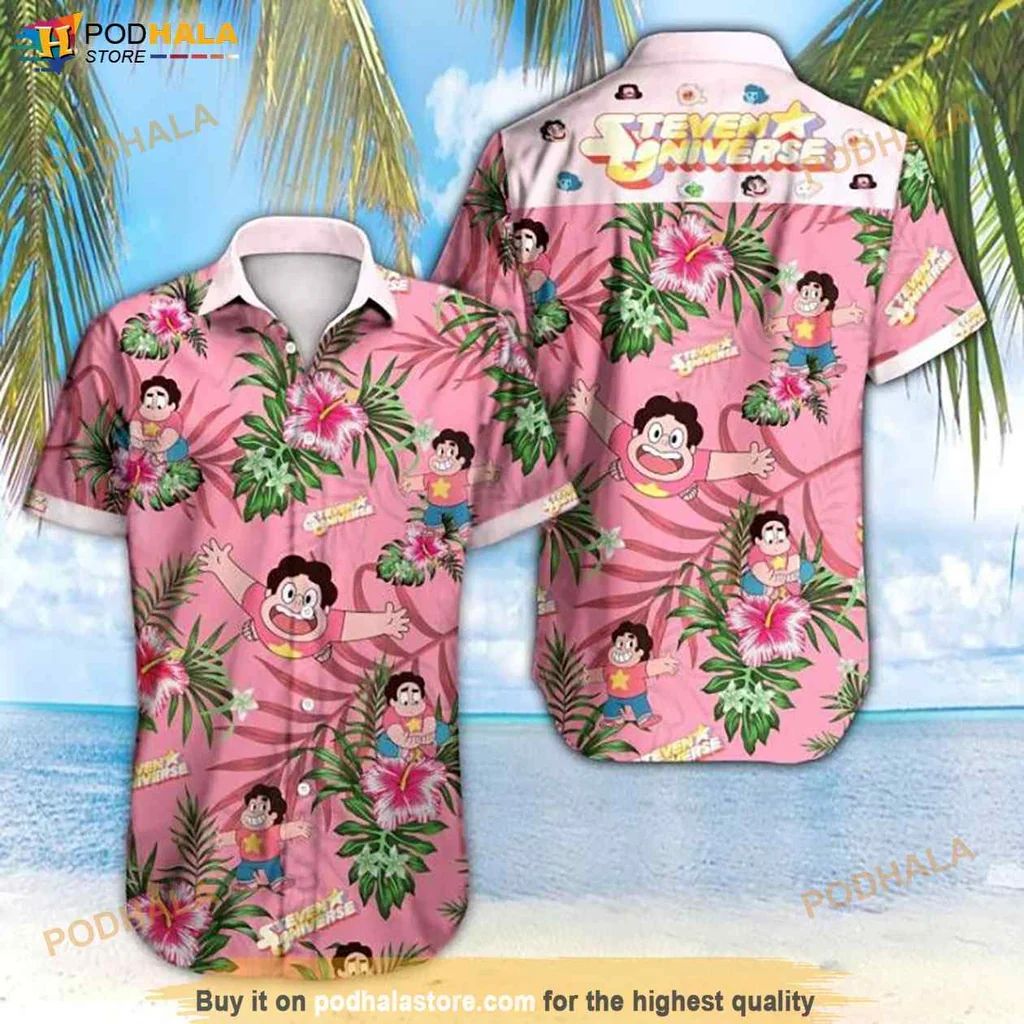 Funny Steven Universe Hawaiian Shirt, Vibrant Pink Tropical Design With Cartoon Characters