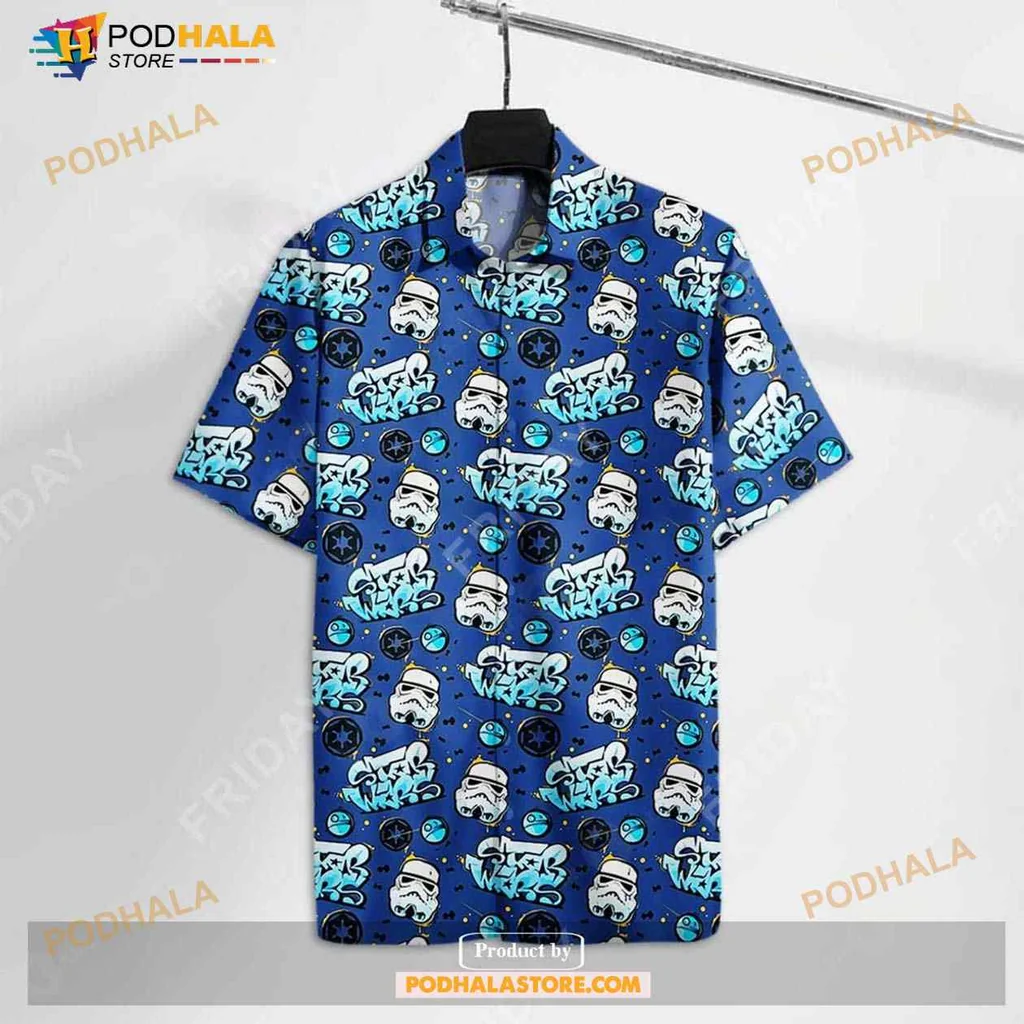 Funny Stormtrooper Hawaiian Shirt With Cartoon Characters And Blue Background