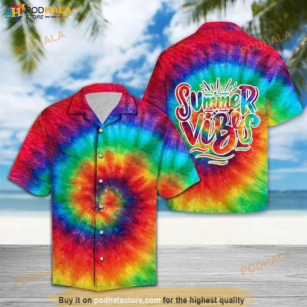 Funny Tie Dye Summer Vibes Hawaiian Shirt, Vibrant Rainbow Button Up For Beach Fun