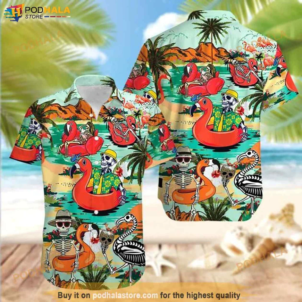 Funny Tropical Flamingo Hawaiian Shirt, Vibrant Skeletons And Palm Trees Design
