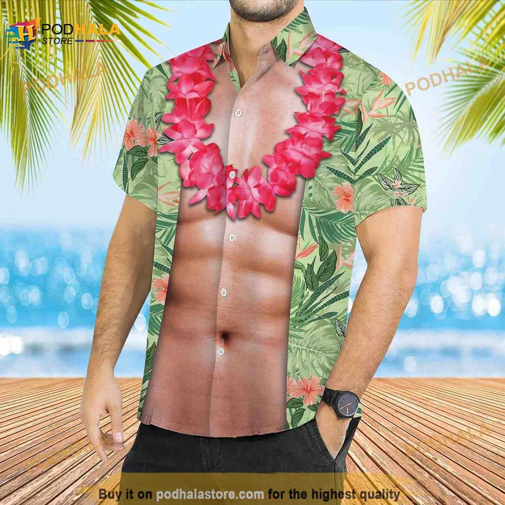 Funny Tropical Muscular Aloha Shirt With Vibrant Flowers And Leaves