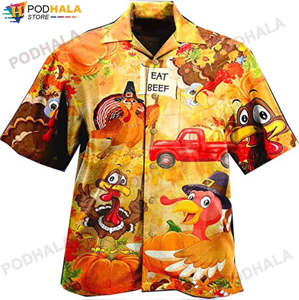 Funny Turkey Eat Beef Hawaiian Shirt, Thanksgiving Red Truck Pumpkin Design