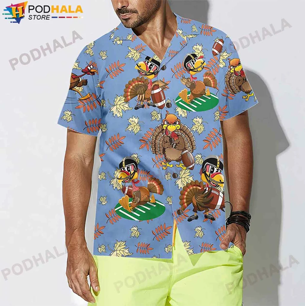 Funny Turkey Football Hawaiian Shirt, Whimsical Thanksgiving Design With Cartoon Turkeys