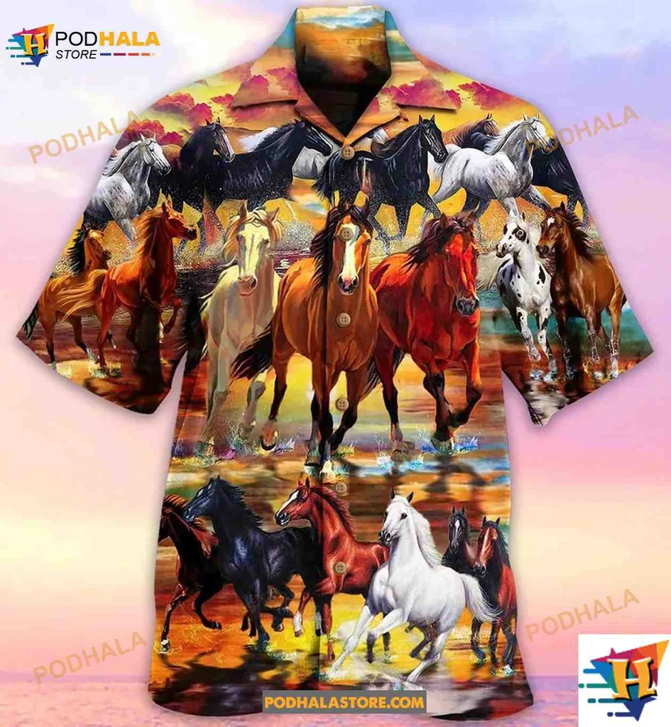 Galloping Horses Aloha Shirt, Vibrant Equestrian Design For Horse Lovers Galloping Horses Aloha Shirt, Vibrant Equestrian Design For Horse Lovers