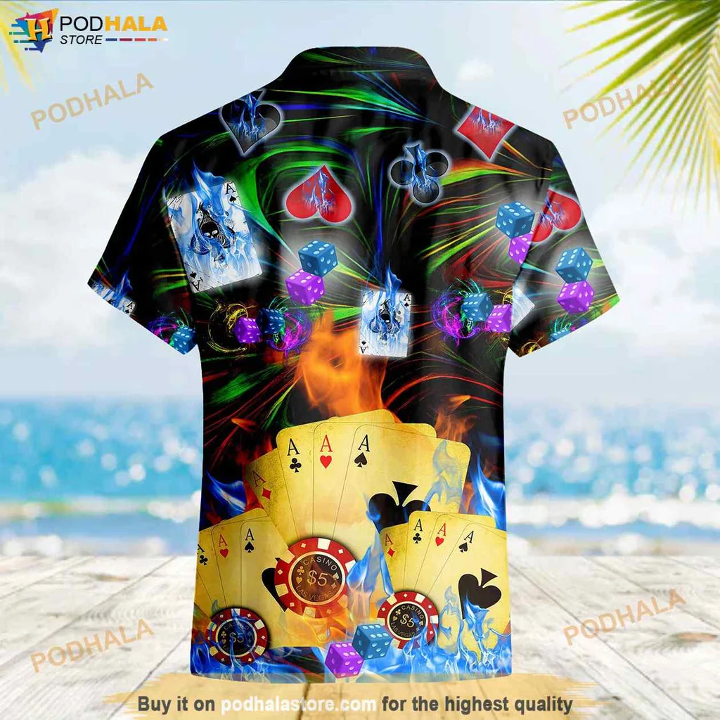 Gambling Themed Hawaiian Shirt, Vibrant Beach Shirt With Poker And Dice Design