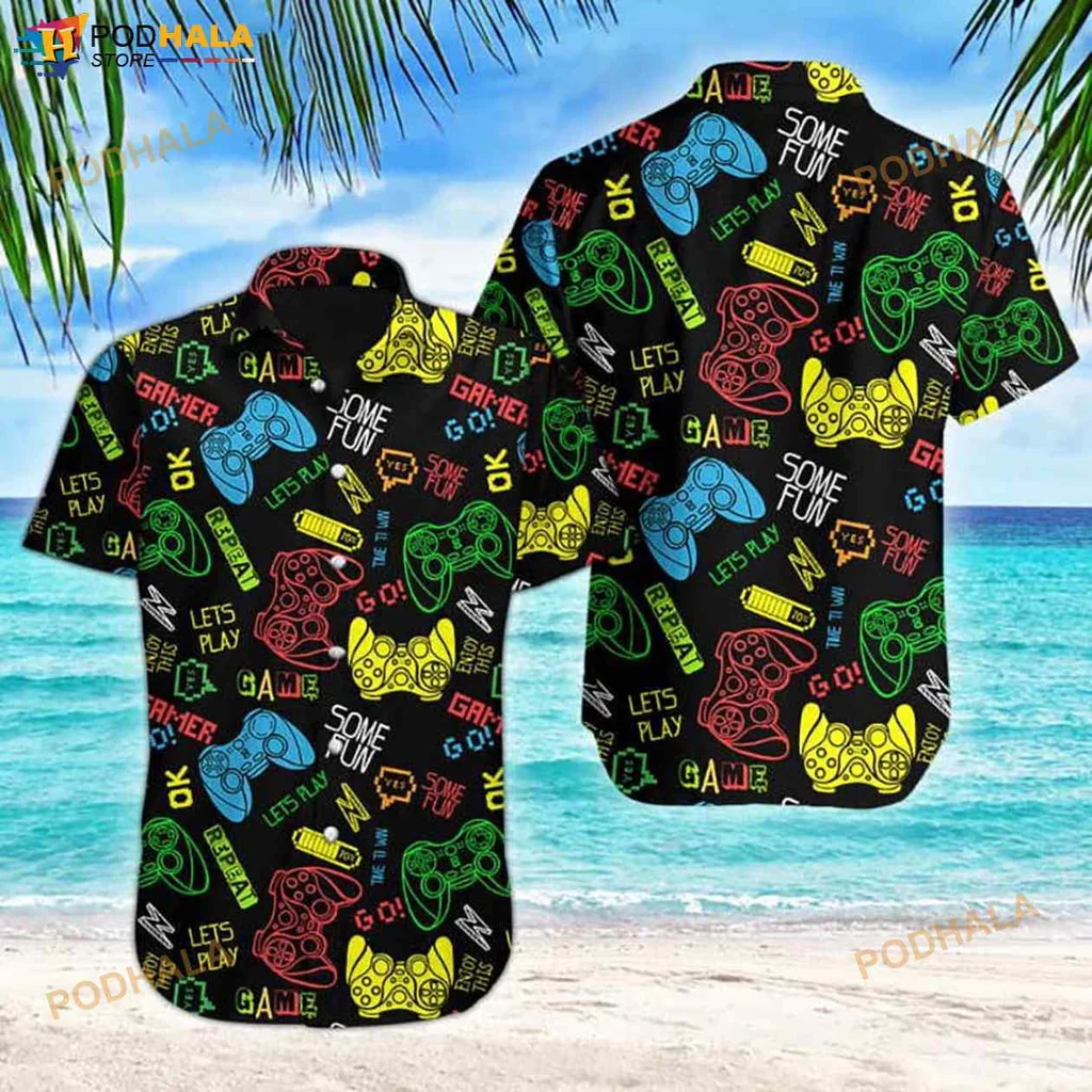 Gaming Themed Hawaiian Shirt With Colorful Controllers And Fun Phrases