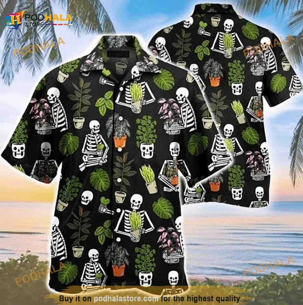 Gardening Skeletons Potted Plants Hawaiian Shirt With Whimsical Design