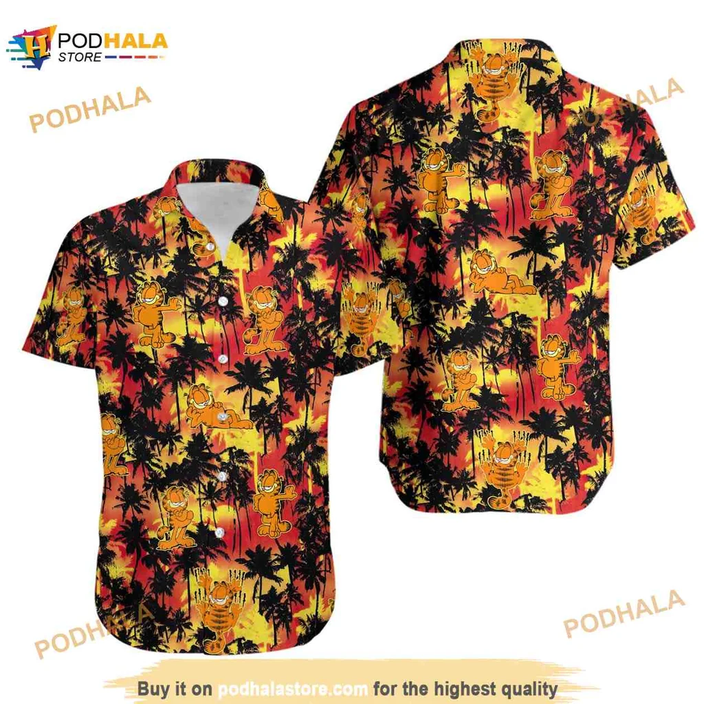 Garfield Palm Tree Hawaiian Shirt With Tropical Sunset Design