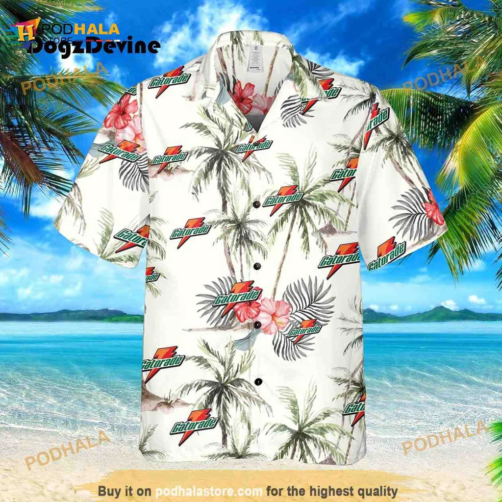 Gatorade Tropical Aloha Shirt With Palm Leaves And Hibiscus Flowers