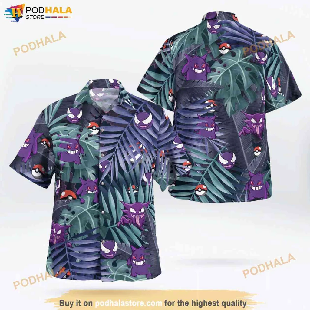 Gengar Aloha Shirt For Men Women, Vibrant Gengar Design Among Tropical Foliage