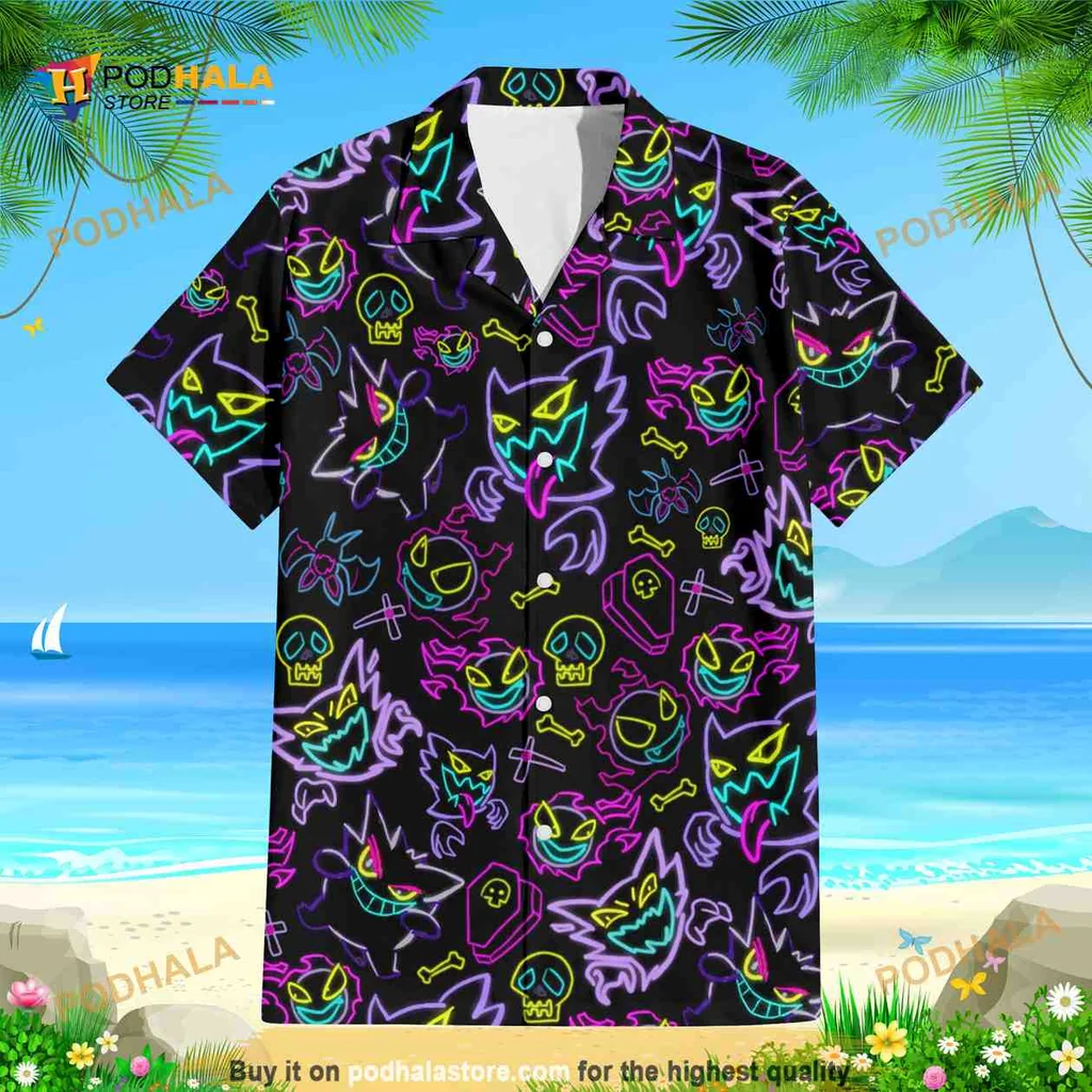 Gengar Ghost Halloween Hawaiian Shirt With Colorful Cartoonish Designs