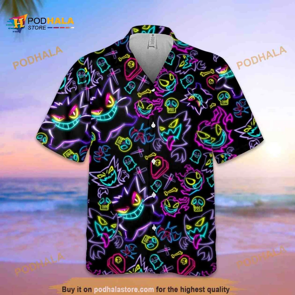 Gengar Ghost Halloween Hawaiian Shirt With Colorful Skull Motifs