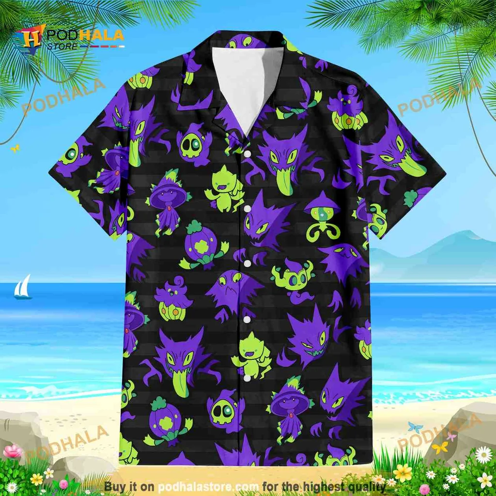 Gengar Ghost Halloween Hawaiian Shirt With Playful Anime Design