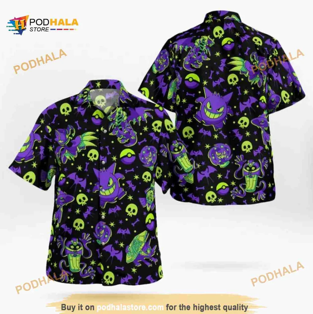 Gengar Halloween Aloha Shirt With Spooky Design And Cartoon Style