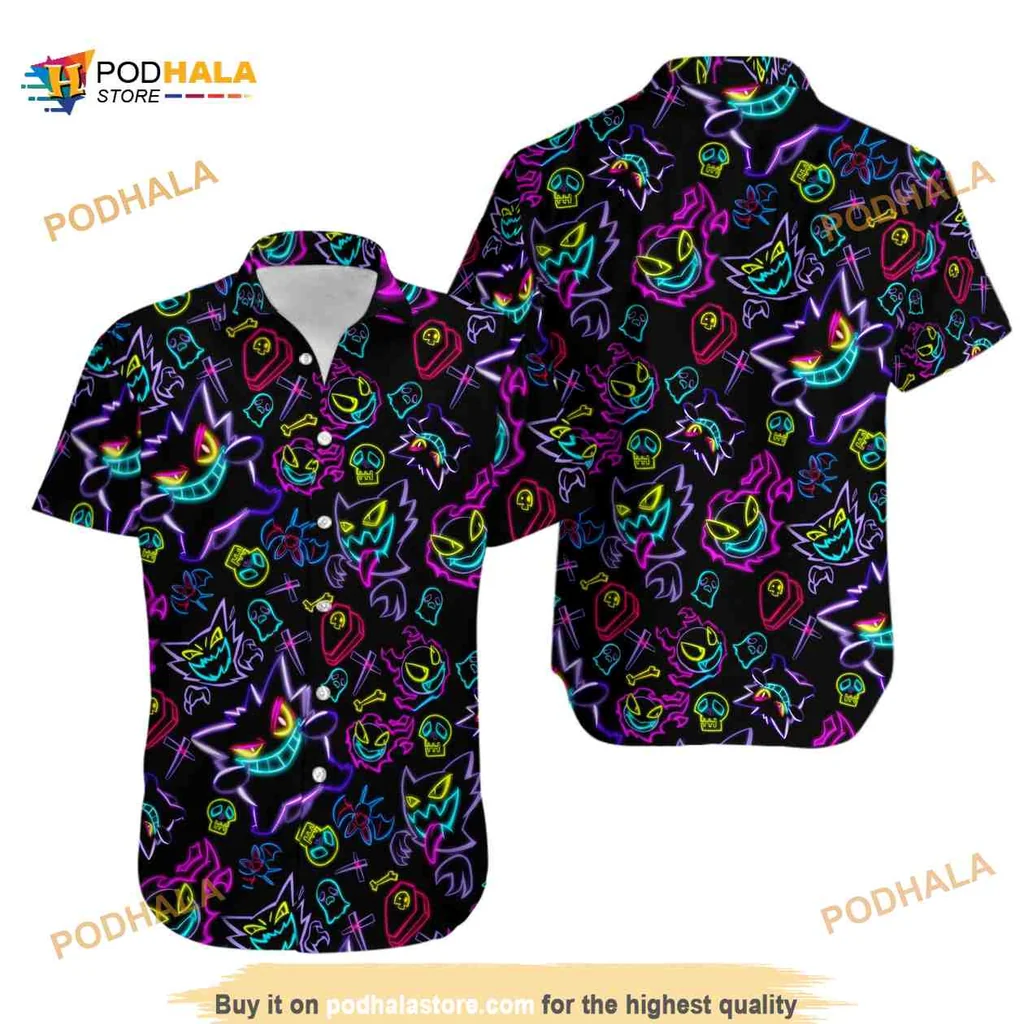 Gengar Halloween Hawaiian Shirt With Colorful Ghost And Pumpkin Design