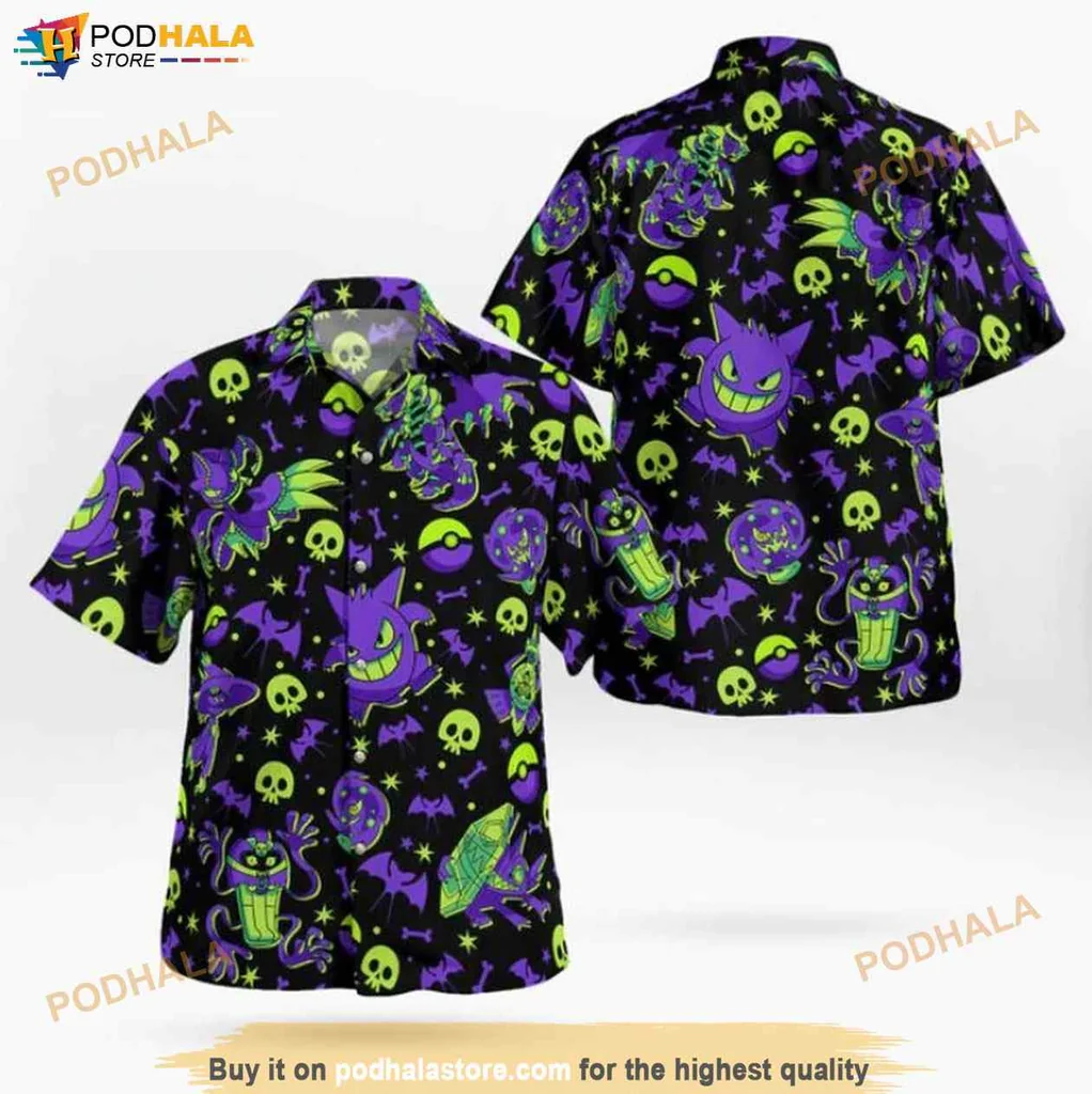 Gengar Halloween Hawaiian Shirt With Spooky Motifs And Playful Design