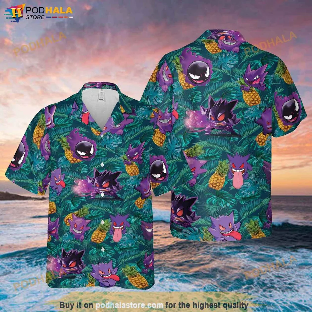 Gengar Pokemon Aloha Shirt, Vibrant Ghost Type Design With Gengar And Tropical Leaves