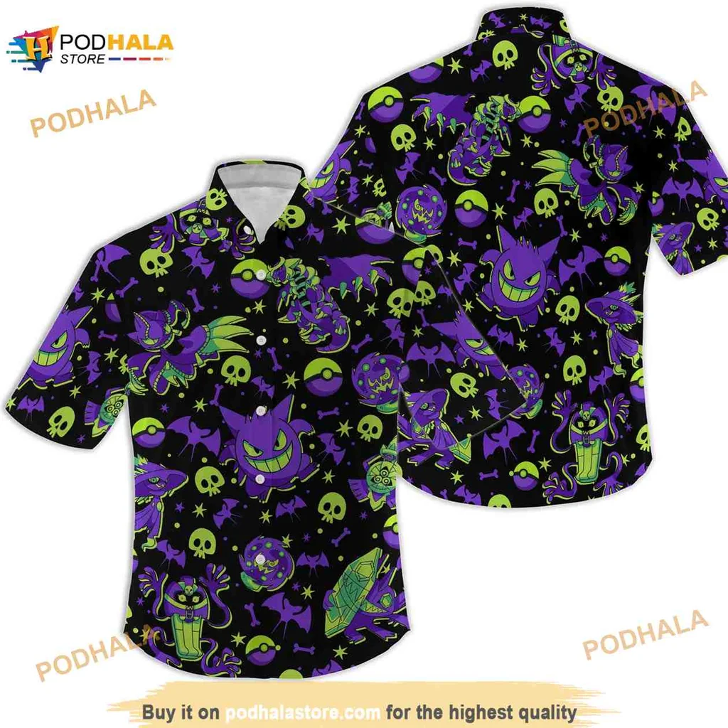 Gengar Pokemon Hawaiian Shirt With Colorful Ghostly Motifs