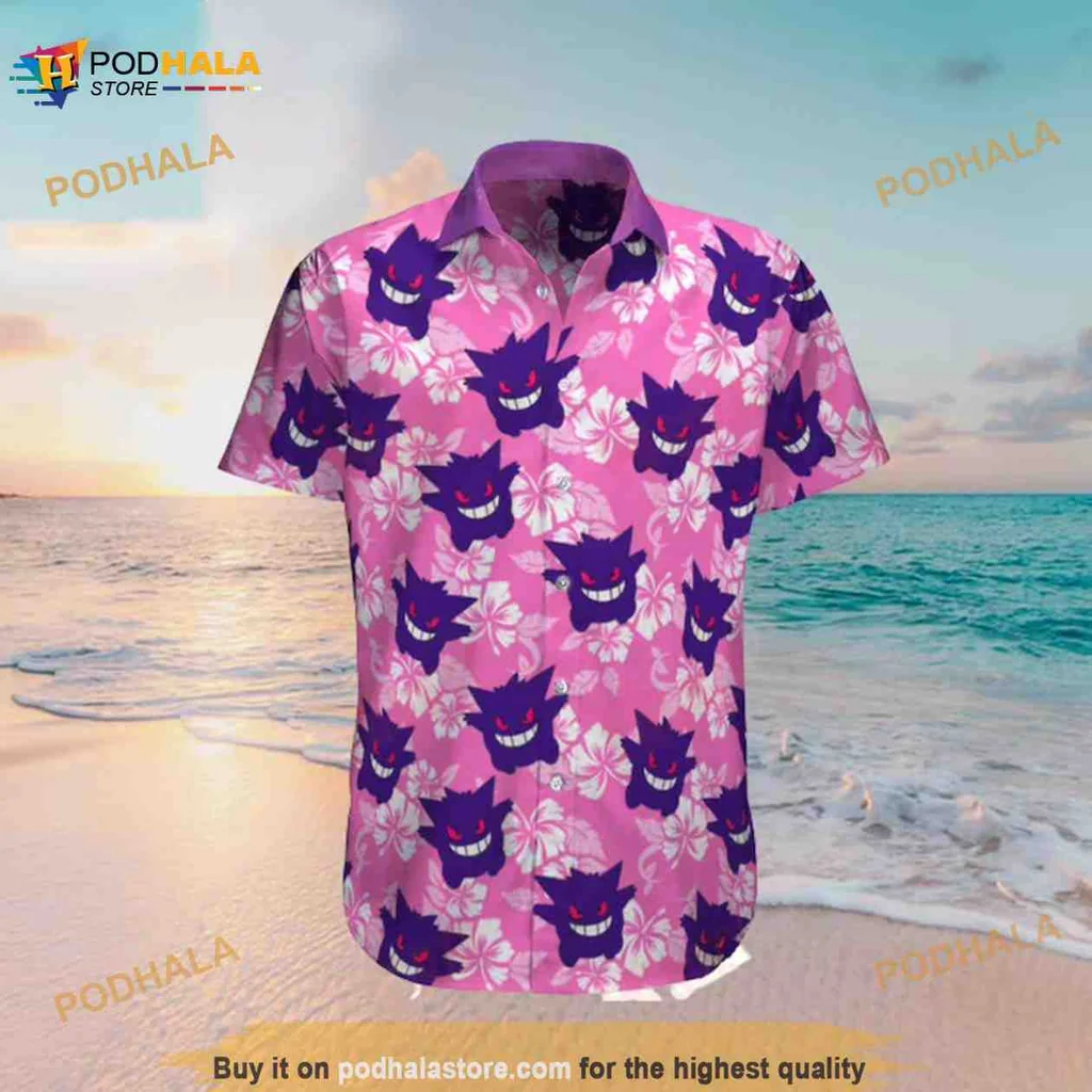 Gengar Pokemon Tropical Hawaiian Shirt With Hibiscus Flowers