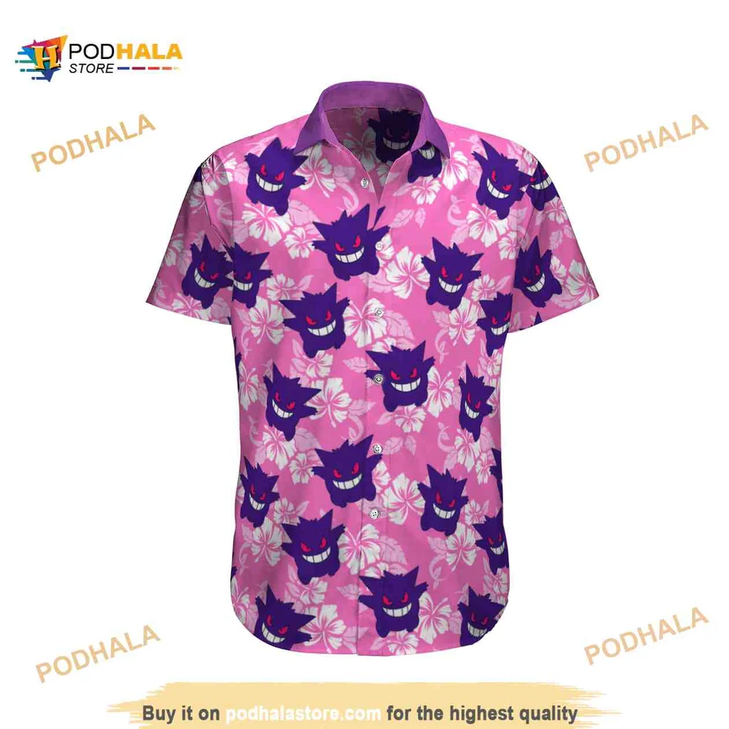 Gengar Tropical Beach Hawaiian Shirt With Playful Characters And Flowers