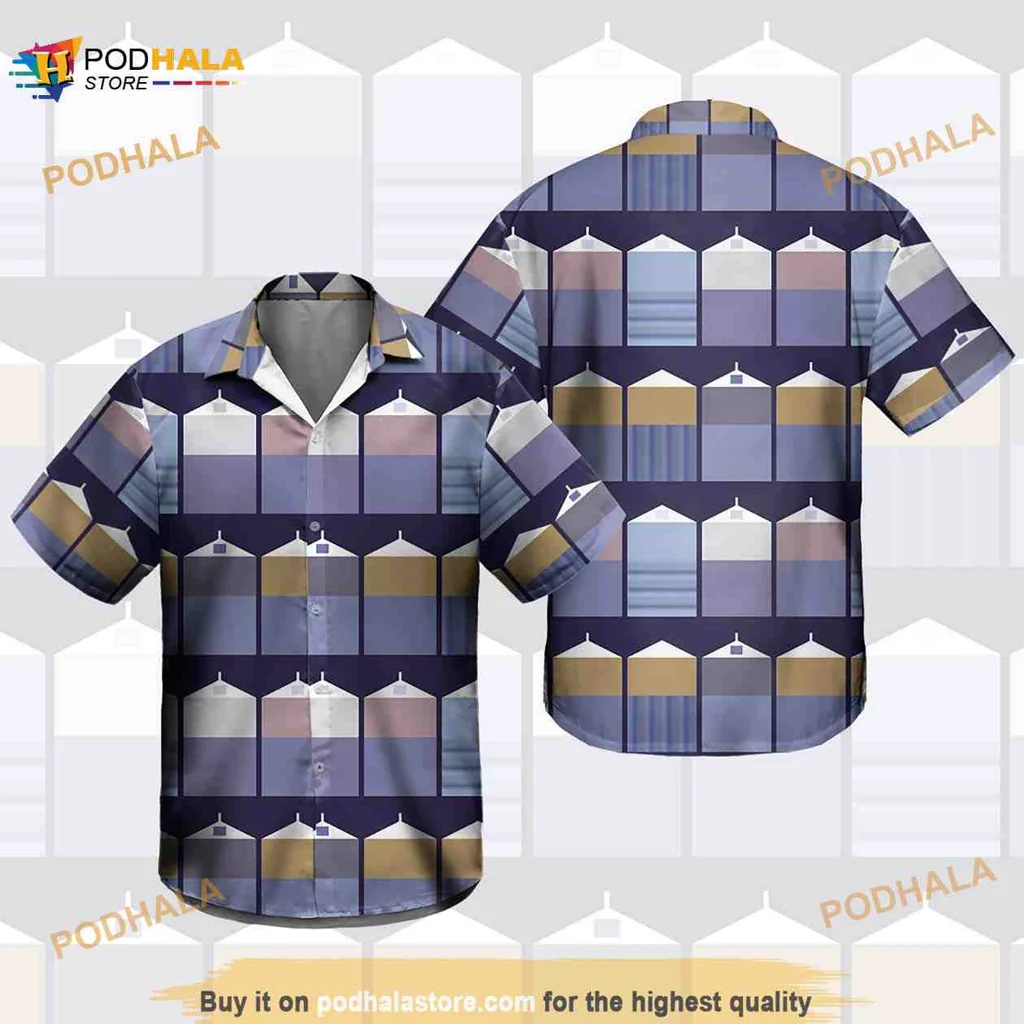 Geometric Pattern Abstract Hawaiian Shirt In Blue And Beige